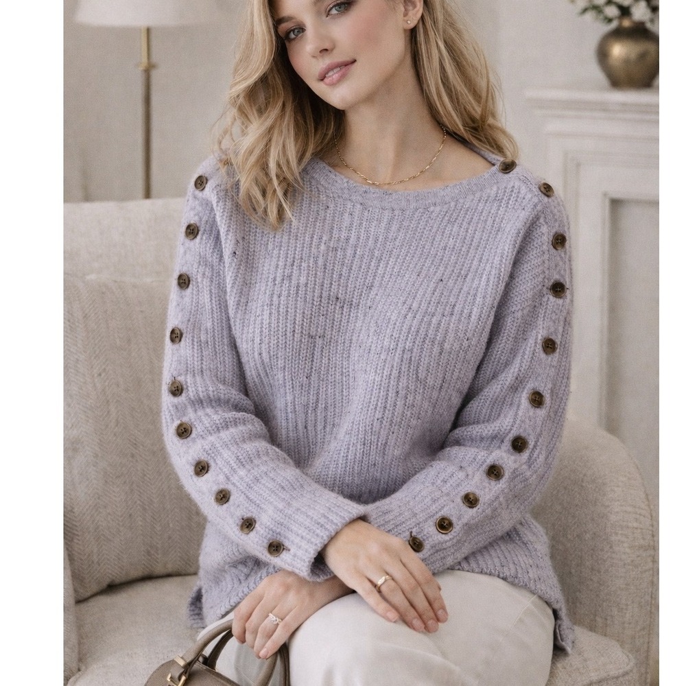 Soft Surroundings Button Sleeve Cable Knit Tunic Sweater Size L Lavender Lux